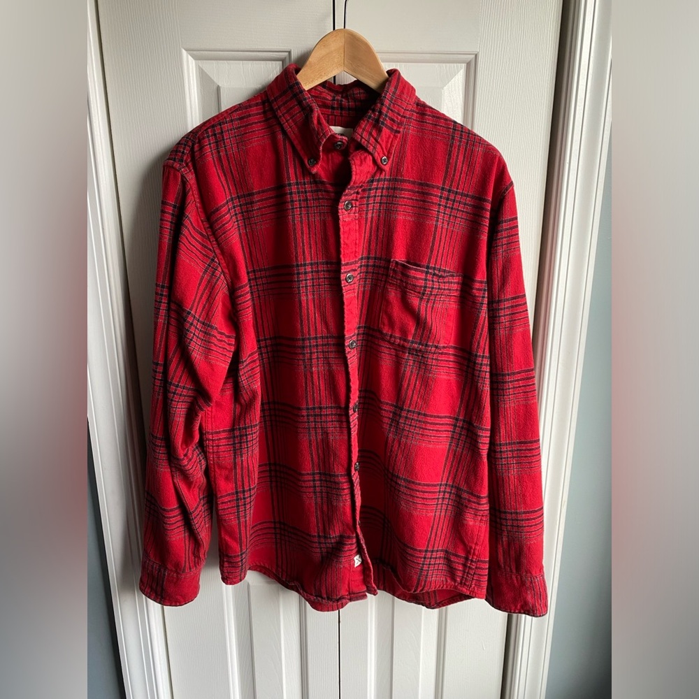 Lands End Blake Shelton Mens Red Plaid Flannel Long Sleeve Button-Up Shirt Large